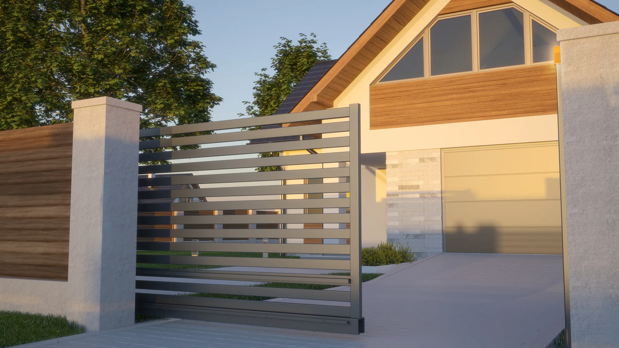 Grey aluminium slat sliding gate at a modern home
