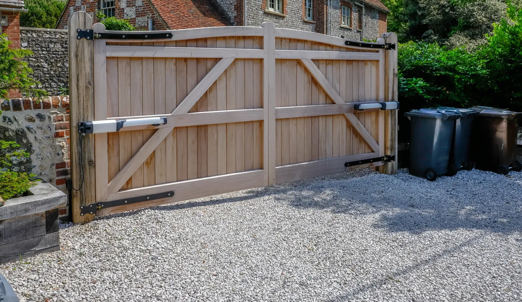 Timber double swing gates with automatic gate arms